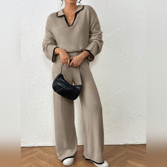 2pcs Spring/Fall Casual Color Block Trim Knitted Sweater Pants Set - Picture 2 of 4